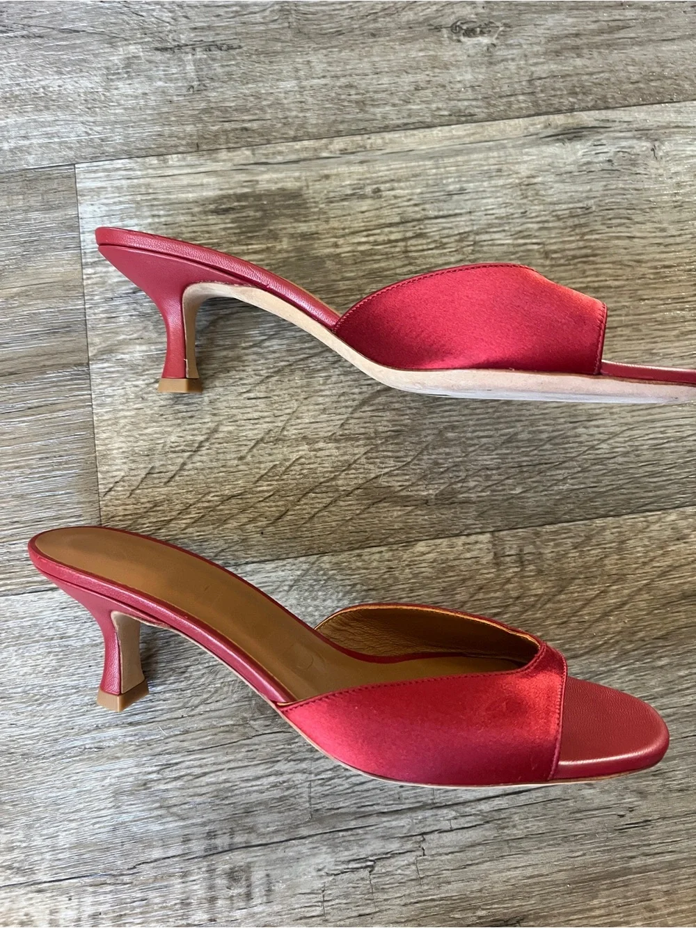 STAUD Brigitte Satin Mules in Burgundy